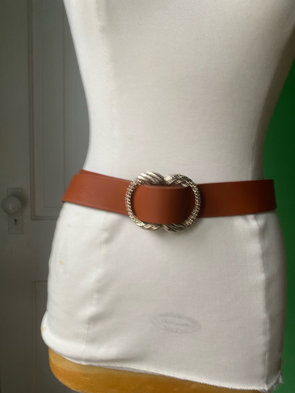 Sezane Tan Leather Belt with Twisted Gold Buckle